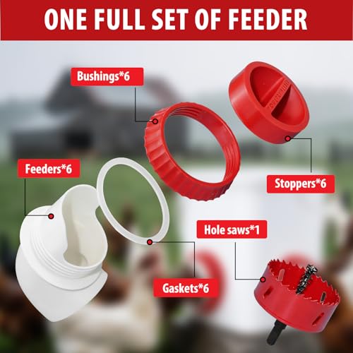 6PACK No Waste Chicken Feeder Ports, Chicken Feeder Cups for Bucket | DIY Chicken Feeder Kit with Hole Saw,Barrels,Bins,Troughs - size: 6 port with holesaw