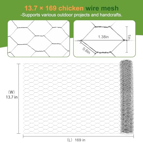 Chicken Wire Mesh,13.7"×169" Poultry Wire Netting,1" Hole Size Hexagonal Galvanized Chicken Wire Mesh Fencing,Outdoor Anti-Rust Garden Animal Barrier Fence for Chicken Coop Barrier Rabbit Cage