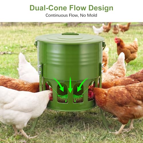 Tgeyd Metal Bucket Chicken Feeder, 20LB Large Capacity Poultry Feeder with 12 Feeding Ports & Dual-Cone No-Waste Design, Adjustable Height & Foldable for Storage, Rust-Proof for Chickens, Ducks, Quail | Organometallic coating