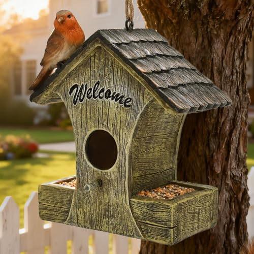 Charming Rustic Bird House with Feeder for Outside Unique Welcome Birdhouses Waterproof Garden Decor Yard Porch Tree Hanging Bird Nest for Bird Lovers Mom Housewarming
