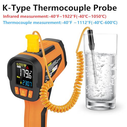-40℉ to 1922℉ TEMIRUP Infrared Thermometer Temperature Gun with Thermocouple Probe, 30:1 Pyrometer High Temp Thermometer for Cooking Oven, Engine, Kiln, Forging, Industrial, Adjustable Emissivity - color: Orange, size: IR07 -40℉ to 1922℉(-40℃-1050℃）