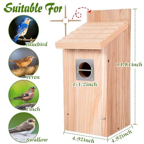 Dreyoo 2 Pack Bluebird Box Houses for Outside,1-1/2'' Entrance Hole Wooden Bird Houses with Metal Guard, Secure Latch,Fledgling Grooves,Air Vents for Bluebird Wren Swallow(Wood) - color: Wood