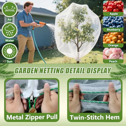 Large Garden Bird Netting with Zipper & Drawstring, 2 Pack 6.5x7.8 ft Plant Protection Cover for Trees/Shrubs, w/4 Reflective Tapes & 2 Securing Straps - size: 6.5×7.8 ft