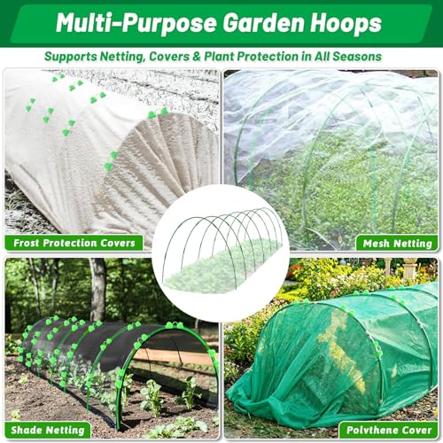 Garden Mesh Netting Kit, 7 Sets Garden Hoops with 10x30 ft Garden Covers | Bird Netting with 12 Clips, Garden Protection for Raised Beds Greenhouse Vegetable Plants Flowers - color: Green