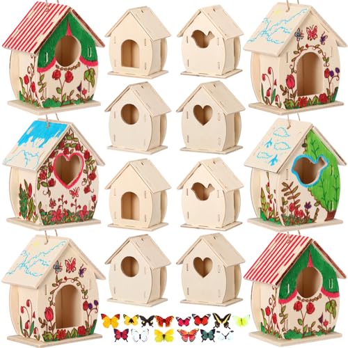 Outus 24 Pcs Wooden DIY Birdhouse Kits for Kids to Build, 4 Shapes Birdhouse Kit Wooden Unfinished with Butterfly Sticker for Boy Girl Arts Crafts(Cute) - style: Cute