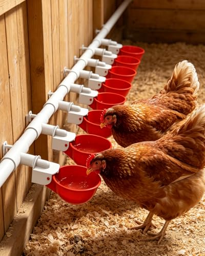 Chicken Waterer Cups (8 Pack) with 3/8" Drill Bit - Red | Automatic Poultry Drinker Feeder Kit for Chickens, Ducks, Turkeys, Quail, Bunnies | DIY Gravity Fed Bucket Water Dispenser - color: Red, size: 8 Pack + Drill bit