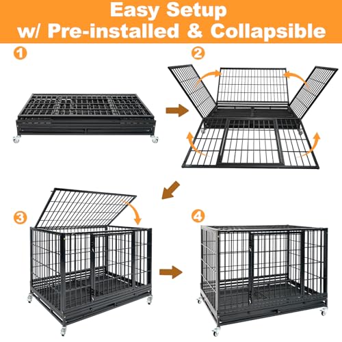 Homey Pet Heavy Duty Dog Crates for Large Dogs, 4 Pack Two Tiers | 47 Inch Stackable Large Dog Crate Cage with 4 Wheels, 2 Removable Trays and Grids, Multi Locks Strong & Solid Escape Proof - size: 47"L-2 Tiers-4P