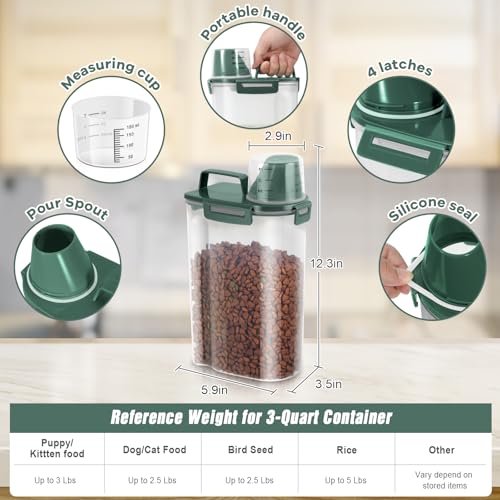 TBMax Small Dog Cat Food Storage Containers 2 Pack, Travel-Friendly Pet Food Container with Spout & Measuring Cup, Portable Pet Feeding Dispenser, Bird Seed Container-Dark Green - color: Dark Green -2Pcs 3Qt