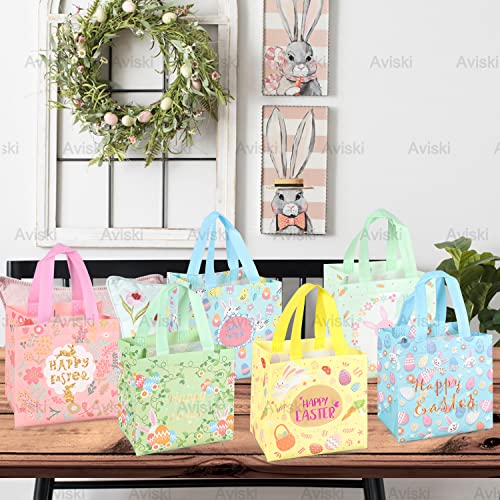 Aviski 12PCS Happy Easter Egg Hunt Bags Bunny Carrot Chick Egg Gift Bag with Handles, Easter Treat Bags, Non-Woven Gifts Wrapping, Spring Party Supplies - color: Foil Green Pink Blue Yellow