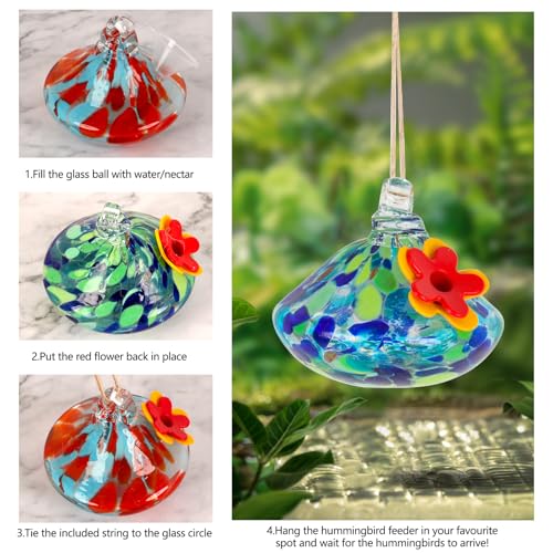 2 Pcs Blown Glass Hummingbird Feeder for Outdoors Hanging | Ant & Bee Resistant Window Bird FeederHandmade Garden Decor Gift for Women - Small Round Blue Red Glass Feeders Bundle - color: Style F