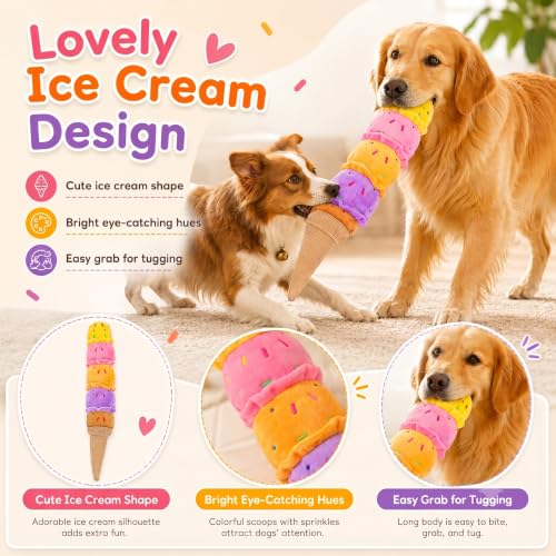 Squeaky Dog Plush Chew Toy, Interactive Tug Squeaky Toy for Chewers, Medium & Large Dogs & Fetch Play, 17.7 in Stuffed Rainbow Ice Cream Toy with Soft Short Plush for Gentle Gum Care & Boredom Relief - color: Colorful (Ice Cream)