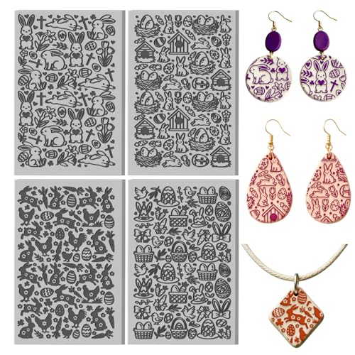 CHGCRAFT 4 Sheets Easter Bunny Clay Texture Mat Easter Chicken Pattern Polymer Clay Texture Sheets DIY Tools for Pottery Earring Jewelry Making Stamp Engraving Machines, 3.9x2.6inch - style: Easter Chicken