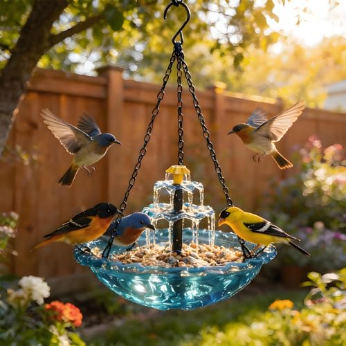 Solar Cascade Hanging Bird Bath Fountain,2026 New 3 Layers Hanging Solar Bird Bath Fountain,Flowing Water Large Humming Birds Baths Fountains with Solar Pump & Plastic Bowl, for Outdoor, Gardens(Blue)