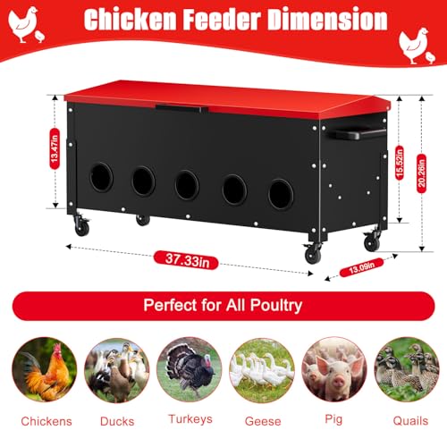 120lbs Automatic Chicken Feeder, Galvanized Steel with Wheels, 10 Feeding Ports & Weatherproof Lid, No Waste, Large Capacity Chicken Feeding Box for Hens, Ducks, Geese - color: 120lbs-Red