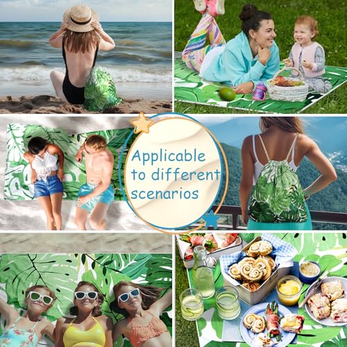 2 in 1 Packable Towel Bag - Summer Tropical Beach Blanket Backpack Green Travel Picnic Towel for Family Holiday Camping - color: Tropical Leaf Green