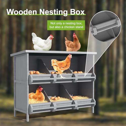 2-Tier Nesting Boxes for Chickens,Chicken Laying Boxes with Perch | Wooden Chicken Nesting Box for Poultry, Solid Wood Egg Laying Box for Hens, 6-Compartment - size: 45.3"L x 15.4"W x 34.6"H