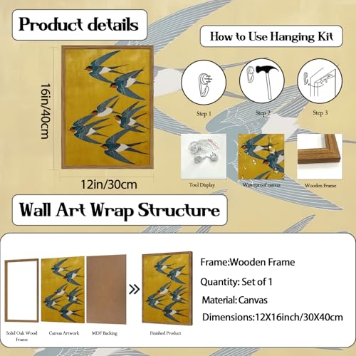 Vintage Japanese Bird Wall Art, Japan Swallow Wall Decor Painting Cottage Animal Poster Canvas Prints Picture for Bedroom Living Room Farmhouse 12x16 inch Wood Framed - color: Animal-N, size: 16"L x 12"W
