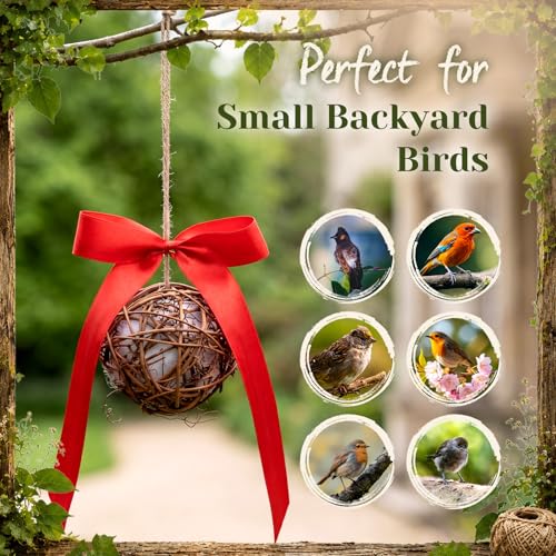Hummingbird Nesters, 3 Pack Bird Nesting Material Holder with Bow, Refillable Hummingbird Nesting Balls for Wild Birds Finch Wren Garden Outdoor Gift Decoration