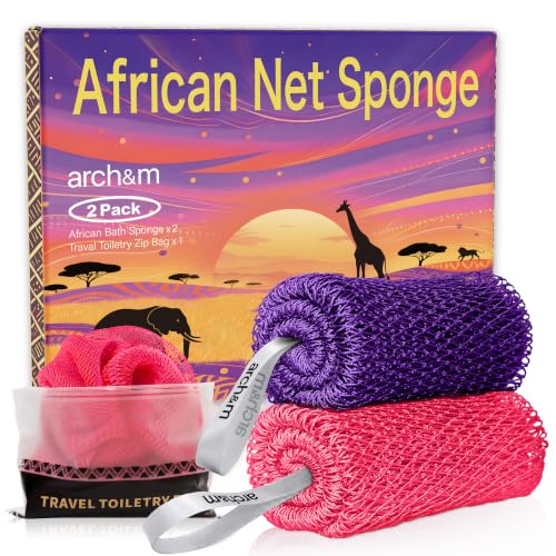 ARCH&M African Net Sponge Authentic with Knots, 2 Pack 53" Extra-Long | Back & Body Scrubber for Women and Men, Exfoliating Shower Loofah Bath Sponge for Daily Use, Travel-Friendly Spa Gift - color: Purple + Pink