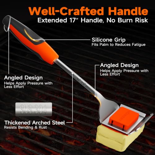 Grill Brush Bristle-Free with Scraper, Kevlar Steam BBQ Cleaner, Orange | Non-Metal Bristle, Replaceable Head, 17" Handle, 4-in-1 Scraper, for Porcelain, Ceramic, Stainless Steel, Cast Iron Grate - color: Grill Brush & Scraper