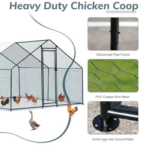 VINGLI Large Metal Chicken Coop, 9.8x9.8x6.5 ft Poultry Cage for Chicken Run, Walk-in Chicken Pen with Waterproof & Anti-UV Cover for Yard Outdoor (Black-Spire Roof) - color: Black-Spire Roof, size: 9.8*9.8*6.5 ft