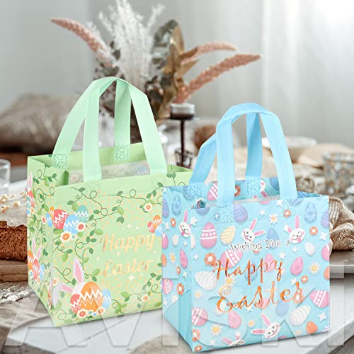 Aviski 6PCS Happy Easter Egg Hunt Bags Bunny Carrot Chick Egg Gift Bag with Handles, Easter Treat Bags, Non-Woven Gifts Wrapping, Spring Party Supplies - color: Foil Pink Blue Green Yellow