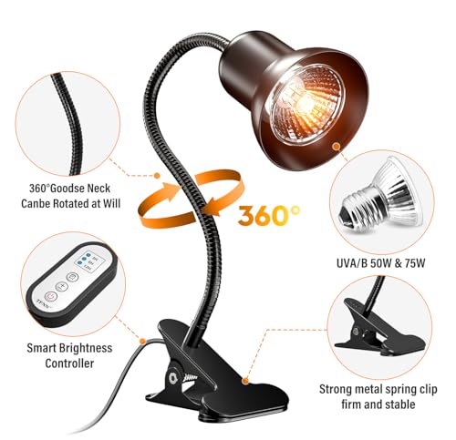TFNN Reptile Heat Lamp, Heat Lamp with Clamp, UVA UVB Reptile Light with Intelligent Cycle Timer for Turtle, Bearded Dragon, Lizard and More, 2 Bulbs 50W+75W