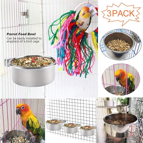 PINVNBY Bird Feeding Dish Cups,5.5x2.0 Inches Parrot Stainless Steel Food Water Dish Perch Stand Platform Paw Grinding Toy Feeder Cage Bowl with Clamp Holder for Budgies Parakeet Macaw(5 Pack L) - size: 【L:5.5x2.0 Inches】