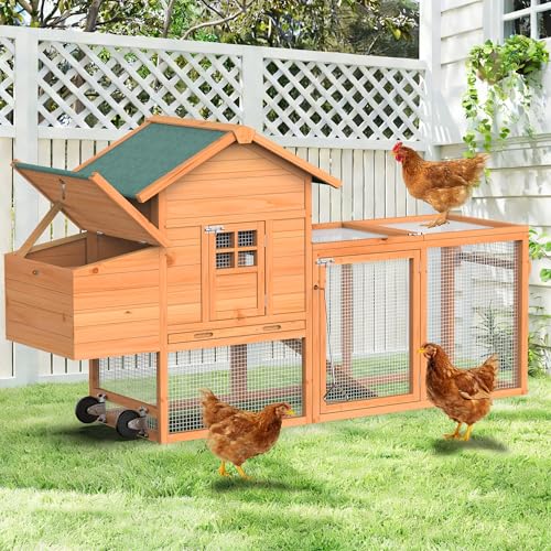 GOJOOASIS Portable Chicken Coop with Wheels & Handrail, Weatherproof Wooden Hen House, Removable Tray & Nesting Box, Ideal for Chickens, Ducks, Rabbits & Small Animals (80" Asphalt Top with Wheel)