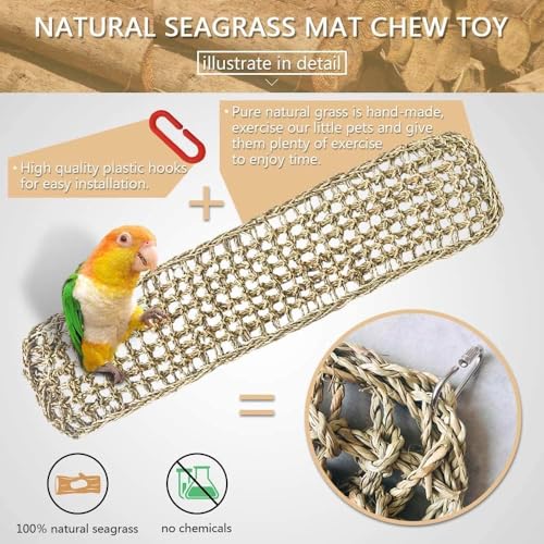 2Pcs Bird Seagrass Mat 30 × 7" Natural Grass Woven Net Hammock with Hooks Climbing Rope Ladder Chew Toys Hanging on Parrot Cage for Lovebird Pigeon Cockatiel Conure Budgie Cockatoo - size: 2Pcs 29.5" × 7"