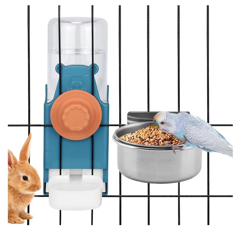 2 Pcs Bird Water Feeder, Automatic Bird Water Dispenser & Stainless Steel Bird Food Bowl, Cage Accessories for Parrot & Hamster Parakeet Cockatiel Budgie Lovebirds (Feeders & Water)