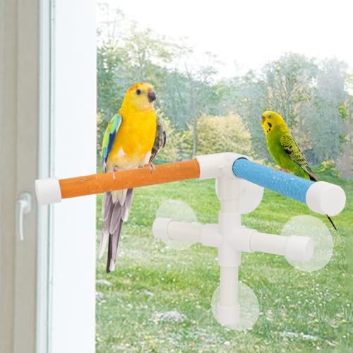 Hypeety Portable Suction Cup Bird Window and Shower Perch Toy Parrot Stand | 3 strong suction cups, parrot bath perch with quartz sand surface, fits windows/tile, for small and medium birds, 2 stands
