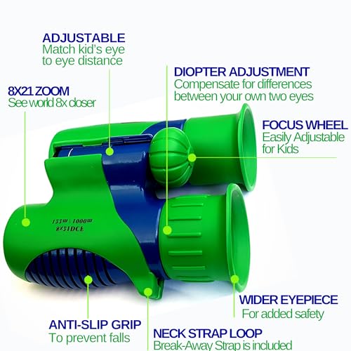 Kids Binoculars Ages 3-12, 8x21 Compact Shockproof Green | bird watching, camping, hiking, for boys and girls, includes carry case, neck strap, compass, carabiner, birthday gift - color: Green/Blue