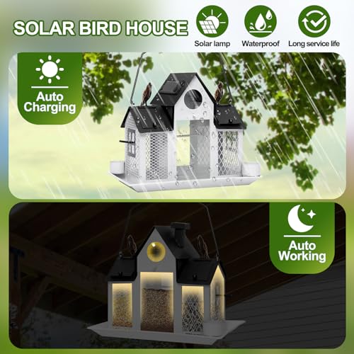 Solar Bird Feeders for Outdoors Hanging, Bird Houses for Outside | White,Wild Metal Bird Feeder,7LBS Large Capacity with Water Cup,Squirrel Proof Cardinal Bird feeder,Gift for Bird Lovers - color: White
