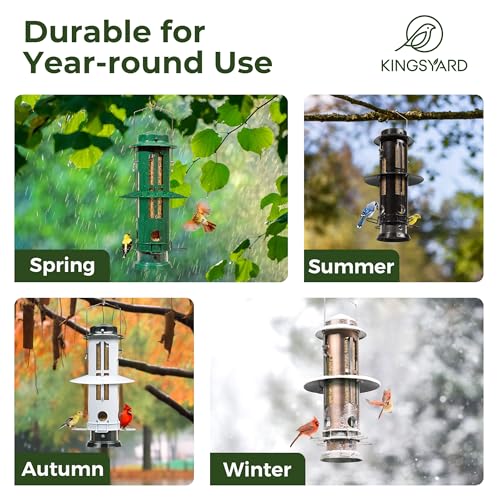 Kingsyard Squirrel Proof Bird Feeders for Outdoors Hanging | 4 Ports with Weight-Activated Perch, Chew-Proof Metal, Removable Easy-to-Clean Base, 3 lb Seed Capacity, Green - color: Dark Green