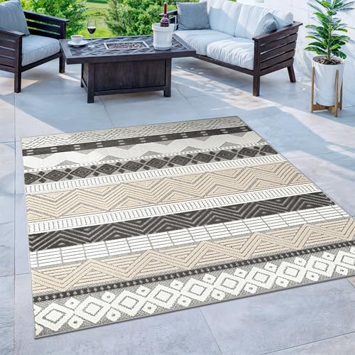 Rugshop Marbella Indoor/Outdoor Boho Patio Deck Square Rug Gray 6'6" x 6'6" | Square, Size 6'6" x 6'6", Porch, Balcony, Backyard, Garden, Poolside, Sunroom, Outdoor Living, Weatherproof, All Weather - color: Grey, size: 6'6" x 6'6" (Rectangular)