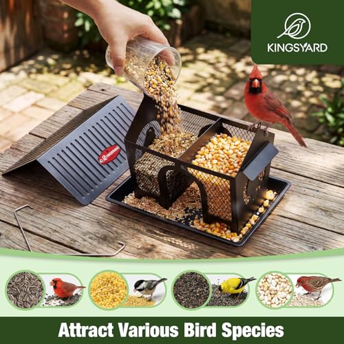 Kingsyard Wild Bird Feeder for Outdoors Hanging, All Metal | Dual-Use Mesh with 360° Feeding, Weatherproof Roof, 3 lb Seed Capacity, Garden Decor & Birding Gift, Black - color: Black