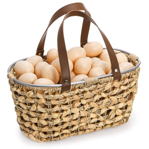 Goaste Egg Collecting Basket with Handle, 13 Inch Chicken Egg Storage Baskets, Handwoven Eggs Container for Gathering Fresh Eggs, Vintage Countertop Fruit Holder for Easter, Harvest, Kitchen