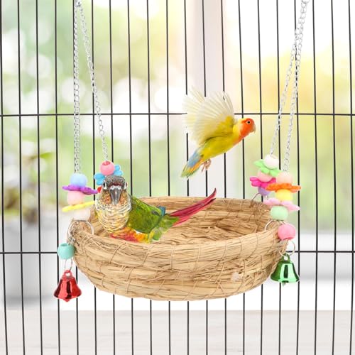 Hypeety Natural Handwoven Straw Bird Nest Bed Bird Swing Toy with Bells | Natural straw, handwoven, breathable and chewproof nest, easy-hanging with 2 hooks, for parakeet/cockatiel/budgie cage perch - color: A