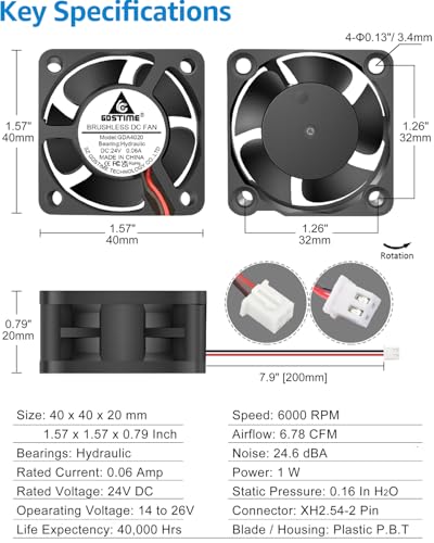 GDSTIME 40mm x 40mm x 20mm 24V DC Cooling Fan 2Pin for 3D Printer 2-Pack | 4020 Axial Fans, 24 Volt Brushless, 6000RPM, Hydraulic Bearing, 40x40x20mm - size: 40x20mm
