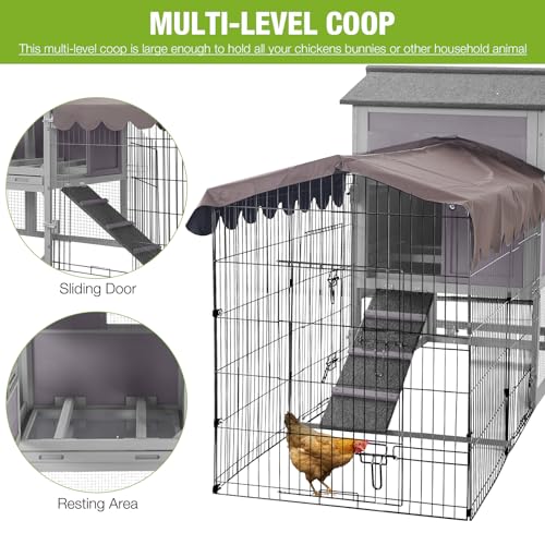 Mobile Chicken Coop Large 79" Chicken House On Wheels All-Steel Frame Hen House Poultry Cage with Metal Run,Waterproof Rain Cover - color: Grey