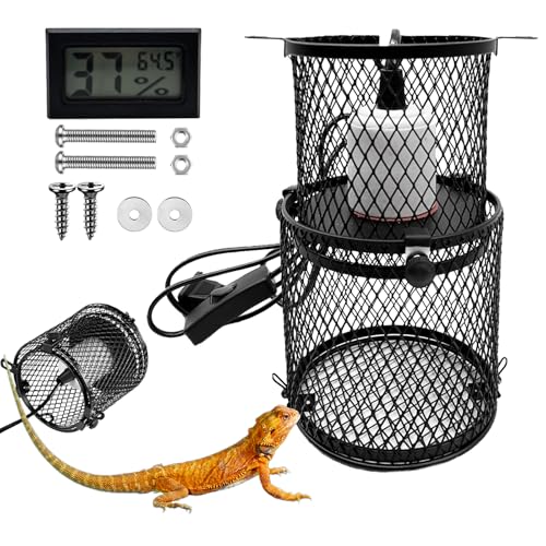 kathson Retractable Reptile Heat Lamp Guard,Reptile Anti-Scald Mesh Cage Protection Lampshades with Thermometers,Ceramic Heat Emitter Lamp Fixture Holder for Snake Lizard Turtle Frog,Without Bulb - size: 1 PCS | Retractable Reptile Heat Lamp Guard
