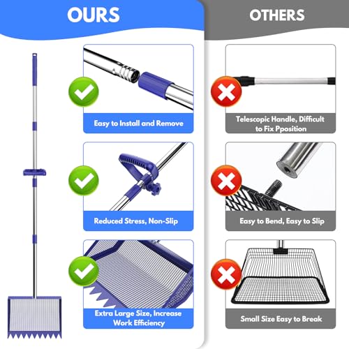 Chicken Poop Scooper Rake 2-in-1,304 Stainless Steel Shovel Head, Chicken Litter Scoop with Handle for Chicken Coop for Sand, Pet Waste Cleaning, Litter Sifting Shovel (35 to 65") (Blue, 10inch) | Chicken Poop Scooper - color: Blue, size: 10inch