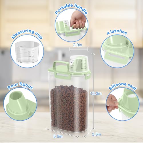 TBMax Small Dog Cat Food Storage Containers 2 Pack, Travel-Friendly Pet Food Container with Spout & Measuring Cup, Kid-Friendly Pet Feeding Dispenser, Portable Dog Treat Bird Seed Container - color: Green -2Pcs 3Qt