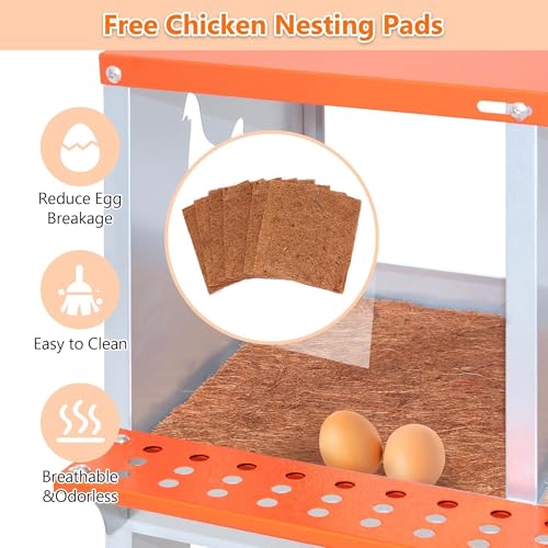 8-Bay Metal Nest Box for Chickens Wall Mount, Galvanized Steel Hen Nesting Box with Vent Holes, Easy to Clean & Assemble, Includes Coconut Fiber Pad, Orange/Silver - size: 42.5” L x 17” W x 25” H