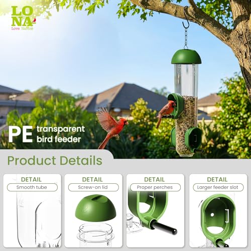 ‌LONA 1 Pack Tube Bird Feeders, Weatherproof Design with 3 Feeding Ports | Easy-fill Top Design, 2 Ways for Hanging, Suits Mixed Seeds, Squirrel-Proof Bird Feeder for Backyard/ Garden/ Patio, Green - size: 3 Ports
