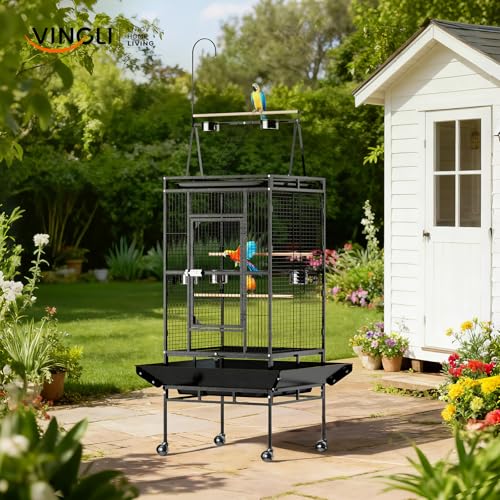 VINGLI 83 Inch Bird Cage with Play Top, Large Wrought Iron Bird Cage with Wheels, Rolling Parakeet Cage with Removable Tray for Cockatiels Lovebird Finches Canaries