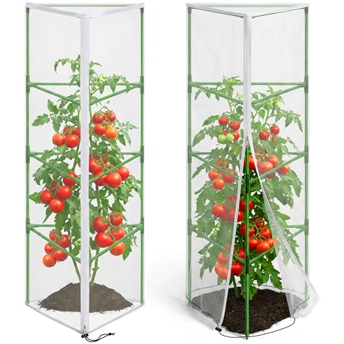 2 Pcs Garden Bird Netting for Triangle Plant Cage, 59" x 20" x 20" Tomato Cage Garden Net Cover with Zipper, Tomato Trellis Insect Bird Barrier Protection Mesh for Vertical Climbing Plant Vegetable - color: Triangular, size: 2 Pcs