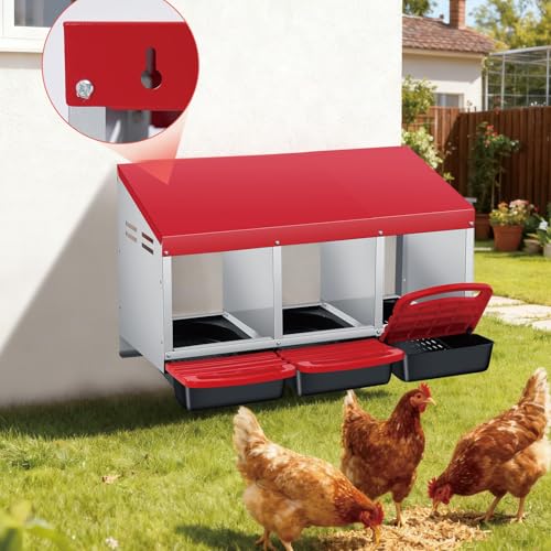 Chicken Nesting Box,3 Compartments Metal Roll Away Nest Box for Chicken Coop,Egg Laying Boxes, Lid Cover to Protect Eggs,Easy Egg Collection,Hen Roosting Boxes - color: red, size: 3 holes