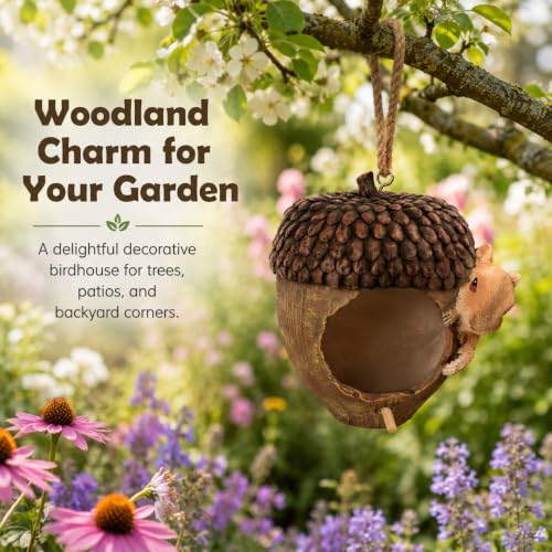 Acorn Bird House for Outside, Hand-Painted Resin Hanging Birdhouse with Squirrel, Weather-Resistant Decorative Bird House for Garden, Patio, Yard & Porch - style: Acorn